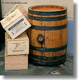 barrels, crates, europe, italy, montalcino, square format, towns, tuscany, woods, photograph
