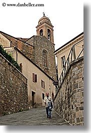 bell towers, bricks, cobblestones, europe, italy, montalcino, streets, towns, tuscany, vertical, photograph