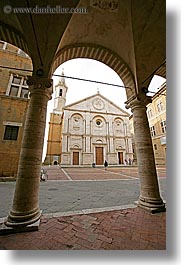 archways, churches, cloisters, europe, italy, pienza, pillars, religious, towns, tuscany, vertical, photograph