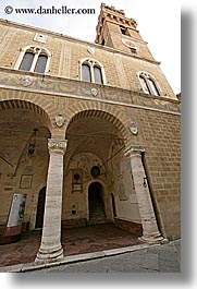 arches, archways, clock tower, clocks, europe, italy, pienza, pillars, towns, tuscany, vertical, photograph