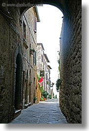 alleys, arches, archways, cobblestones, europe, italy, pienza, streets, towns, tuscany, vertical, photograph
