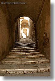 alleys, archways, cobblestones, europe, italy, narrow streets, pitigliano, stairs, streets, towns, tuscany, vertical, photograph