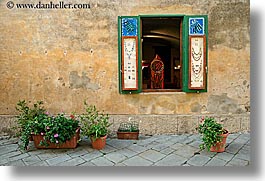 europe, flowers, horizontal, italy, populonia, towns, tuscany, windows, photograph