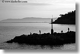 black and white, europe, fishermen, horizontal, italy, porto ercole, silhouettes, towns, tuscany, photograph