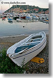 beaches, boats, europe, harbor, italy, porto ercole, rowboats, towns, tuscany, vertical, photograph