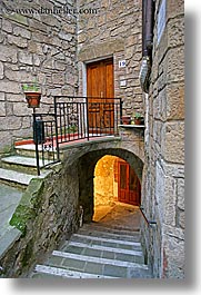 arches, archways, cobblestones, doors, europe, italy, sorano, stairs, towns, tuscany, vertical, photograph