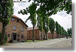 auschwitz, barracks, bricks, buildings, europe, horizontal, materials, poland, prison, prison camp, structures, trees, photograph