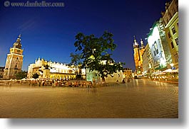 buildings, clock tower, europe, horizontal, krakow, long exposure, nite, poland, squares, structures, towers, photograph