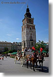 carriage, clock tower, europe, horse carriage, horses, krakow, poland, vertical, photograph