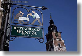 buildings, clock tower, europe, horizontal, krakow, poland, restaurants, signs, structures, towers, wentzl, photograph