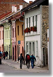 buildings, europe, hikers, hiking, slovakia, vertical, photograph