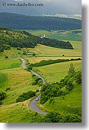 cars, colors, europe, green, land, patches, roads, slovakia, streets, transportation, vertical, photograph