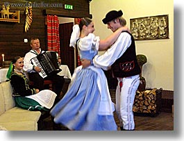 accordion, activities, artists, clothes, couples, dance, dancing, europe, folks, hats, horizontal, instruments, music, musicians, people, slovak, slovakia, slovakian dance, photograph