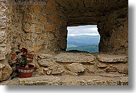 europe, flowers, horizontal, materials, pots, slovakia, spis castle, stones, windows, photograph