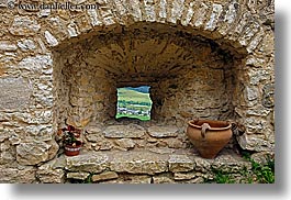 europe, flowers, horizontal, materials, pots, slovakia, spis castle, stones, windows, photograph