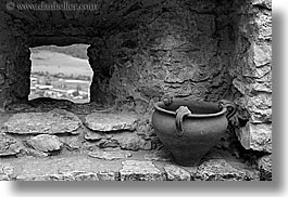 black and white, europe, flowers, horizontal, materials, pots, slovakia, spis castle, stones, windows, photograph