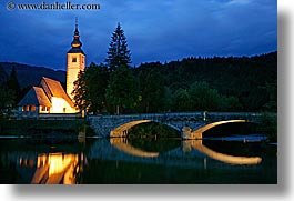 bohinj, churches, dusk, europe, eve, horizontal, lakes, long exposure, reflections, slovenia, photograph