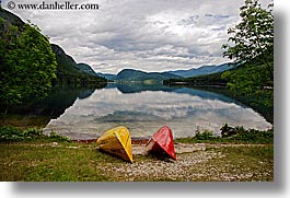 beached, bohinj, canoes, europe, horizontal, lakes, reflections, slovenia, water, photograph