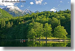bohinj, canoes, europe, fishermen, horizontal, lakes, mountains, slovenia, snowcaps, water, photograph