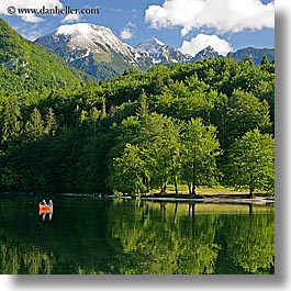 bohinj, canoes, europe, fishermen, lakes, mountains, reflections, slovenia, snowcaps, square format, squares, water, photograph