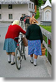 bicycles, bohinj, europe, old, people, slovenia, vertical, womens, photograph