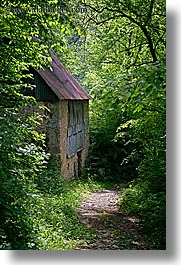 barn, dreznica, europe, paths, slovenia, trees, vertical, woods, photograph