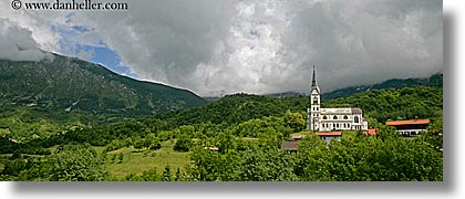 churches, clouds, dreznica, europe, horizontal, mountains, panoramic, slovenia, photograph
