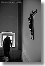 black and white, crosses, dreznica, europe, jesus, men, religious, slovenia, vertical, windows, photograph