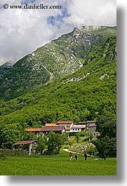 clouds, dreznica, europe, houses, mountains, side, slovenia, vertical, photograph