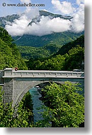 bridge, clouds, dreznica, europe, mountains, old, rivers, roman, slovenia, vertical, photograph
