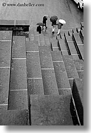 black and white, dreznica, europe, slovenia, stairs, umbrellas, vertical, photograph
