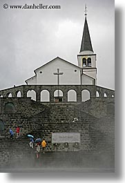 churches, dreznica, europe, foggy, monument, religious, slovenia, umbrellas, vertical, photograph