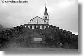 black and white, churches, dreznica, europe, foggy, horizontal, monument, religious, slovenia, photograph