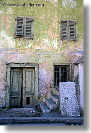 buildings, doors, europe, green, gritty, kobarid, slovenia, vertical, windows, photograph