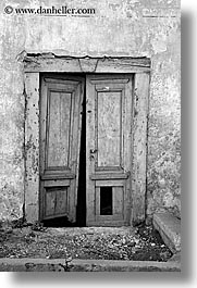 black and white, broken, doors, europe, kobarid, old, slovenia, vertical, photograph