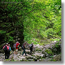 europe, groupo, hikers, hiking, kozjak, leaves, lush, over, people, rocks, slovenia, square format, photograph