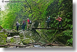 bridge, crossing, europe, hikers, hiking, horizontal, james, kozjak, leaves, lush, patty, people, slovenia, walking plank, photograph
