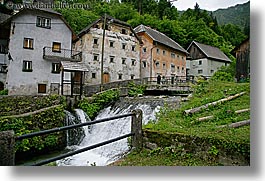 europe, horizontal, houses, krupa, slovenia, stream, waterfalls, photograph