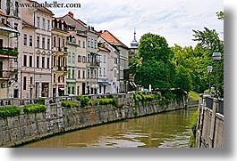 buildings, cities, europe, horizontal, ljubljana, river bank, rivers, slovenia, photograph