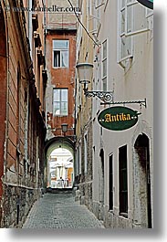 antika, antiques, archways, europe, lamp posts, ljubljana, narrow, signs, slovenia, streets, towns, vertical, windows, photograph