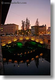 bridge, dusk, europe, ljubljana, over, slovenia, towns, vertical, water, photograph