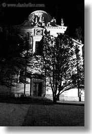 black and white, churches, europe, ljubljana, nite, slovenia, towns, trees, vertical, photograph