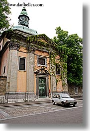 buildings, cars, europe, knights, ljubljana, monastery, slovenia, teutonic, towns, vertical, photograph