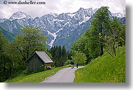 europe, hikers, hiking, horizontal, logarska dolina, mountains, roads, slovenia, snowcaps, photograph