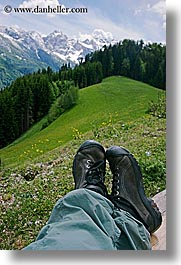 europe, feet, hiking, logarska dolina, mountains, shoes, slovenia, snowcaps, vertical, photograph