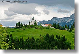 churches, clouds, europe, hills, horizontal, logarska dolina, religious, scenics, slovenia, photograph