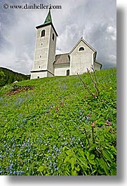 churches, clouds, europe, hills, logarska dolina, religious, scenics, slovenia, vertical, photograph