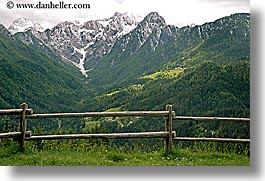 europe, fences, horizontal, logarska dolina, mountains, scenics, slovenia, snowcaps, views, photograph