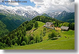 barn, clouds, europe, horizontal, houses, logarska dolina, mountains, scenics, slovenia, snowcaps, views, photograph