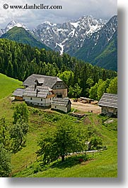 barn, europe, houses, logarska dolina, mountains, scenics, slovenia, snowcaps, vertical, views, photograph